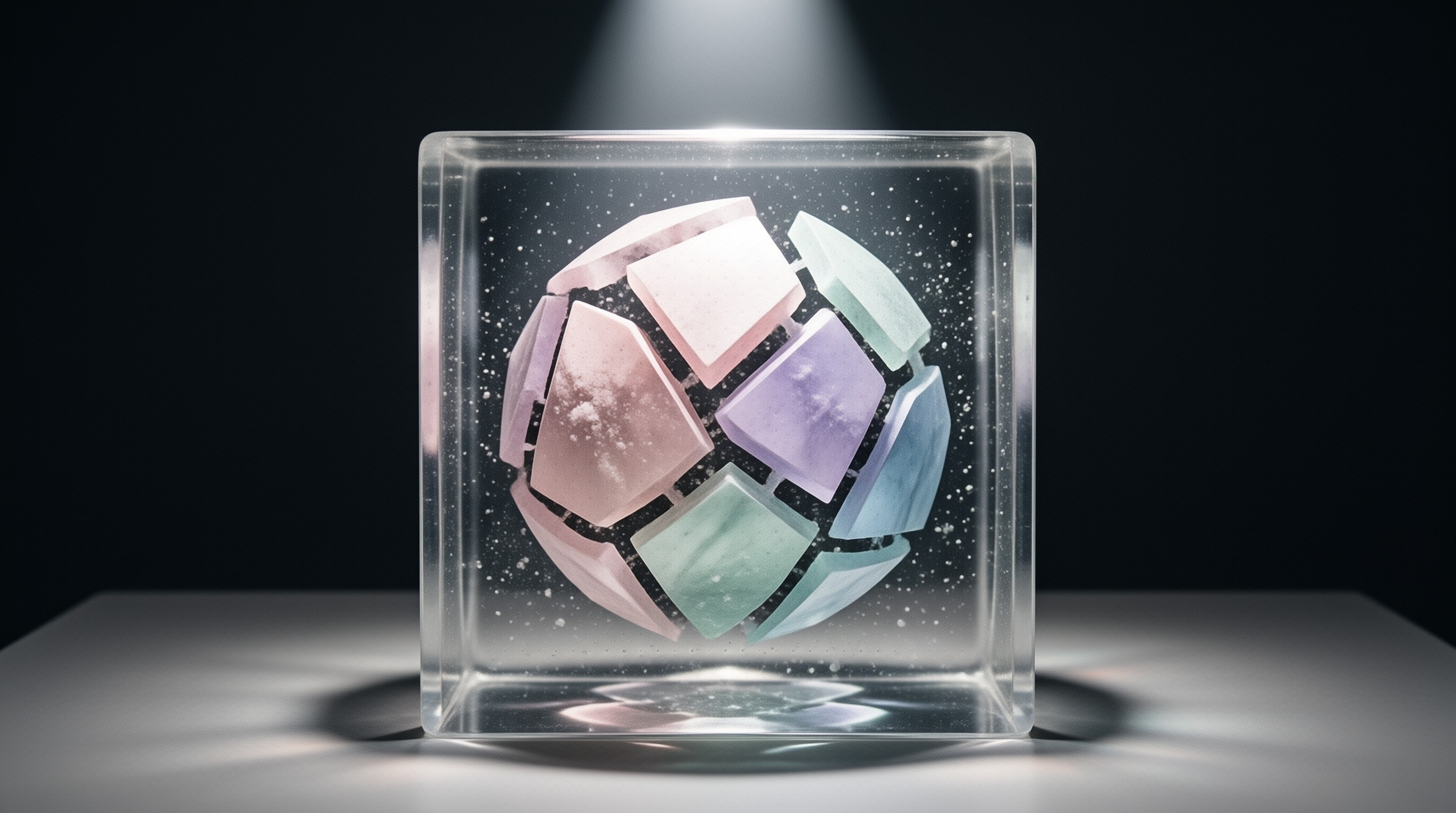 Faceted pastel stone pieces float inside a clear glass cube lit from above against a dark backdrop