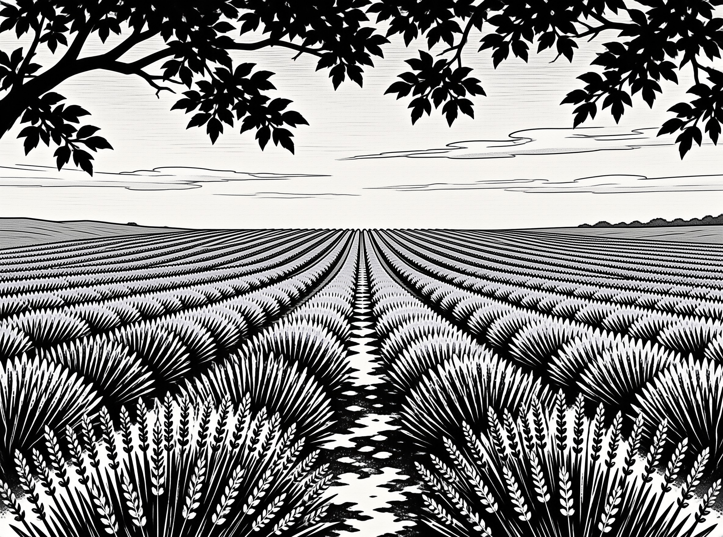 High contrast drawing depicts wheat field rows stretching toward distant hills framed by overhanging leaves.