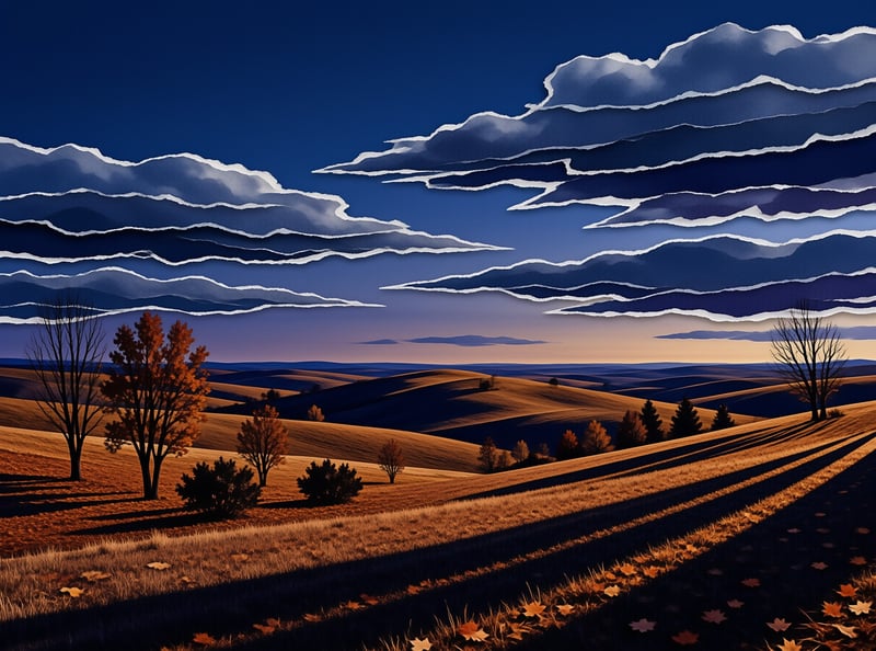 Golden rolling hills and scattered autumn trees sit beneath a deep blue sky filled with distinct layered clouds at sunset.