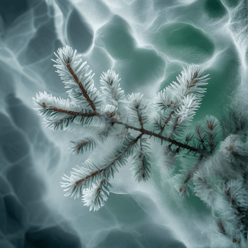 A close view of a fir tree twig coated in heavy white rime ice set against a soft blurred blue background.