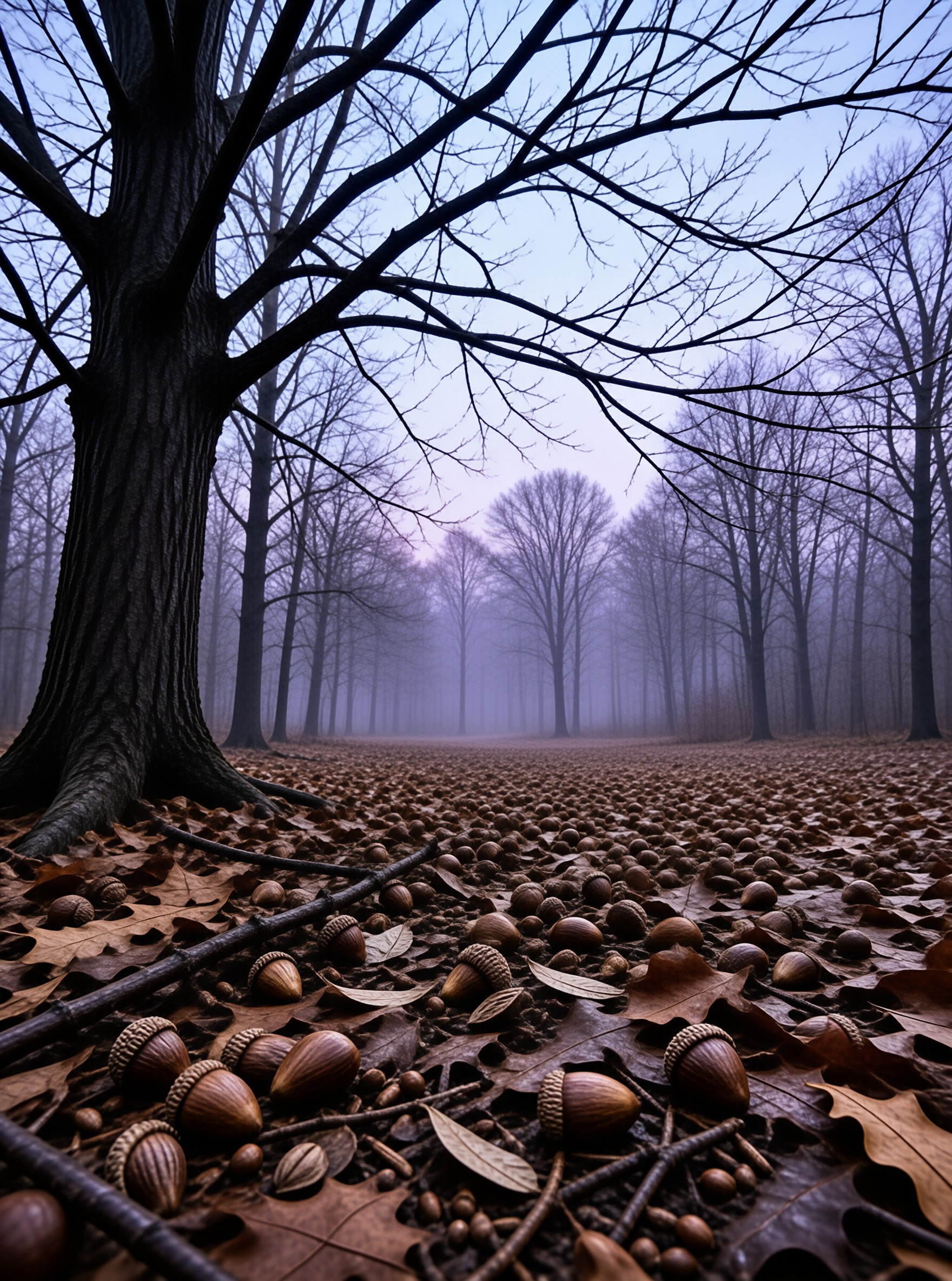 Misty Forest with Acorns