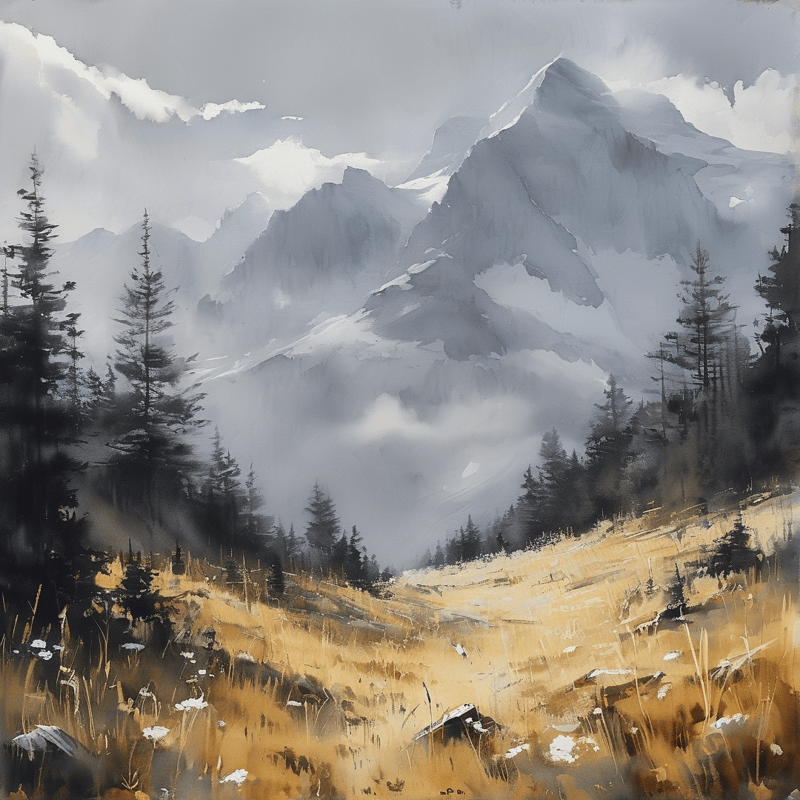 A mountain peak looms over a misty valley, with golden grass and snow patches in the foreground under cloudy skies.