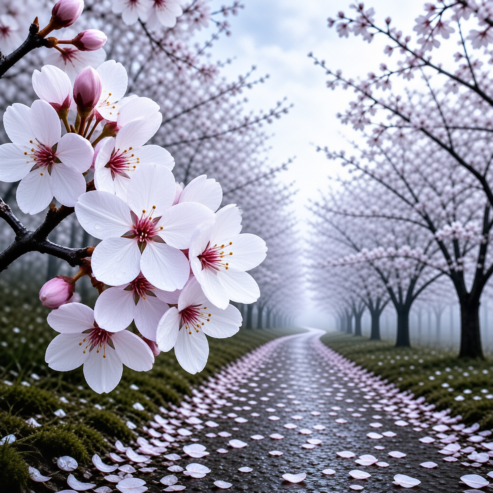 A close up of pink cherry blossoms hangs over a wet path covered in fallen petals while foggy trees line the road.