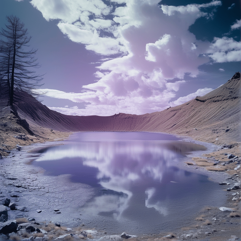 A calm pool of water in a barren crater reflects a massive purple-tinted cloud against a blue sky.