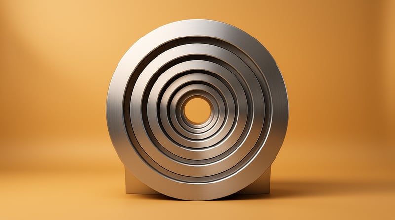 A massive stack of concentric silver rings rests on a warm ochre surface illuminated by soft directional light.