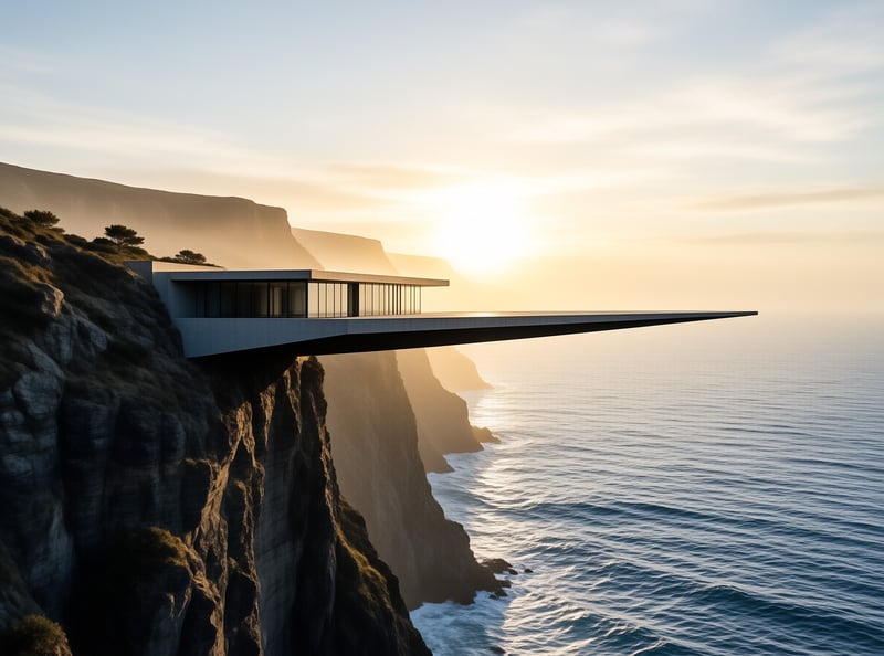 A linear concrete structure projects from a rocky cliff as warm sunlight reflects across the calm ocean surface below.