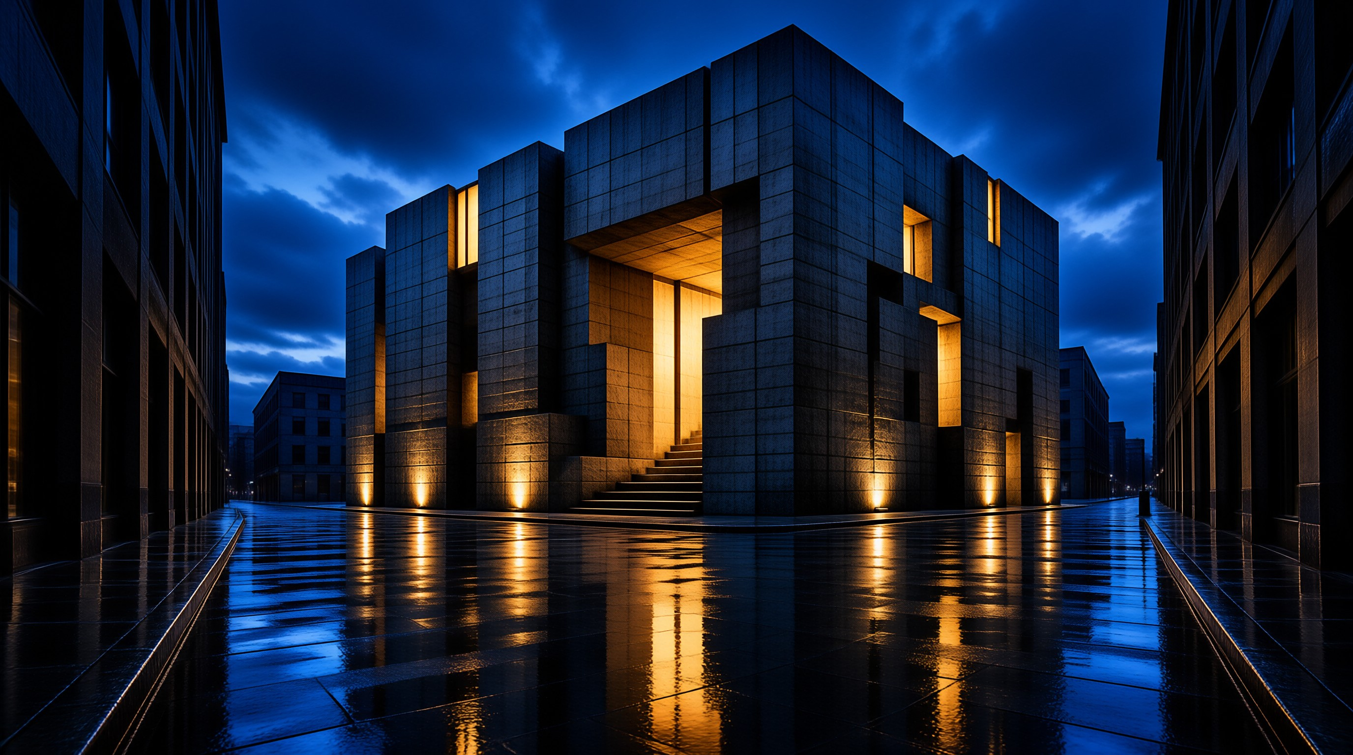 A geometric stone building glows with warm light while its reflection shimmers on the rain-soaked pavement.