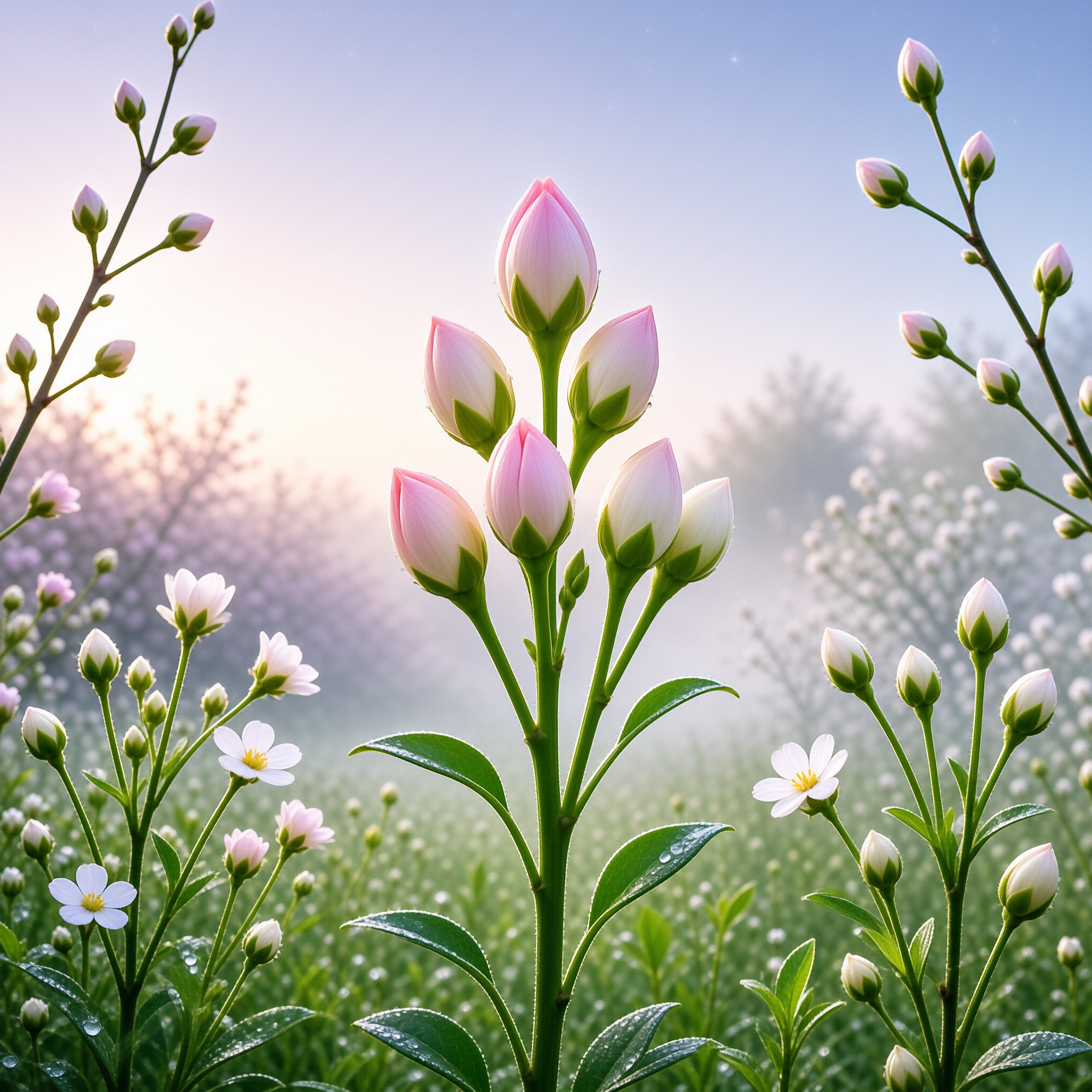 Pink Buds in Morning Mist