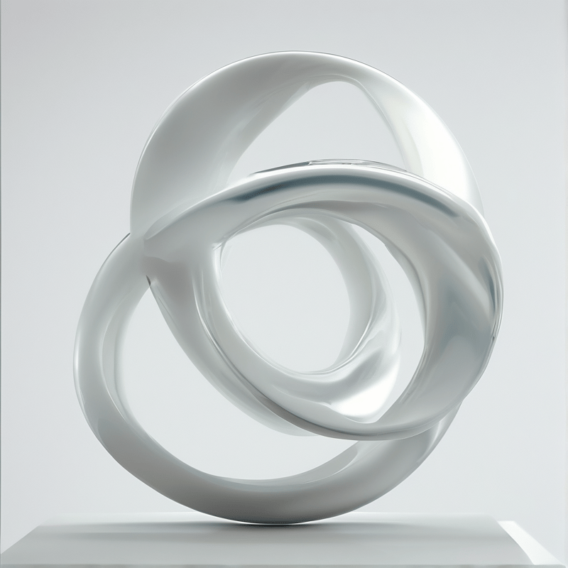 A glossy white sculpture with interlocking curves stands on a pedestal against a plain white background.