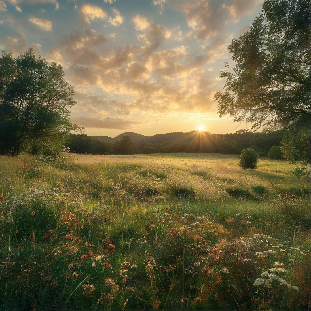 A lush green field of wildflowers stretches toward rolling hills under a bright setting sun.
