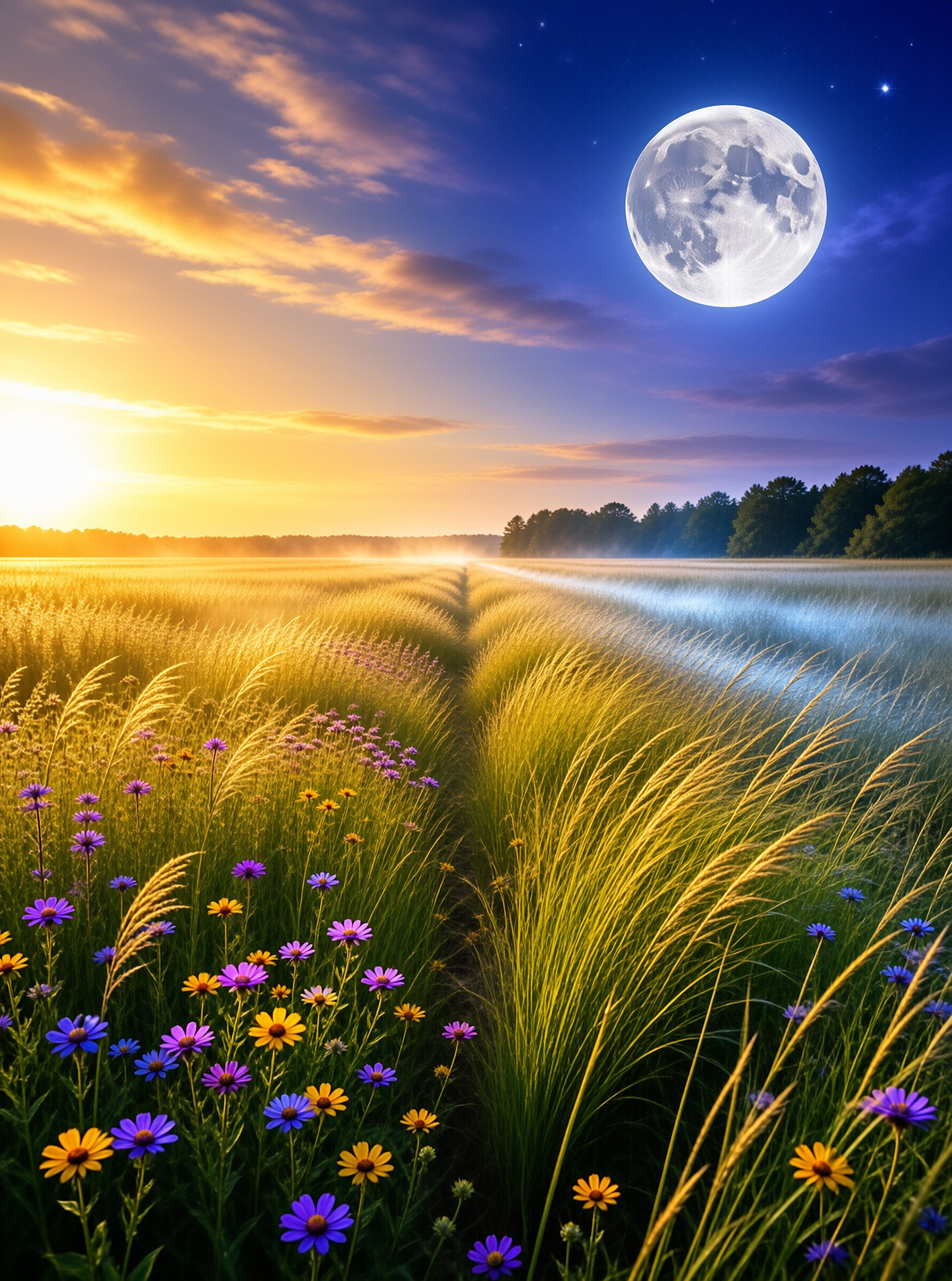 Wildflower Meadow Under Moon and Sunset Landscape