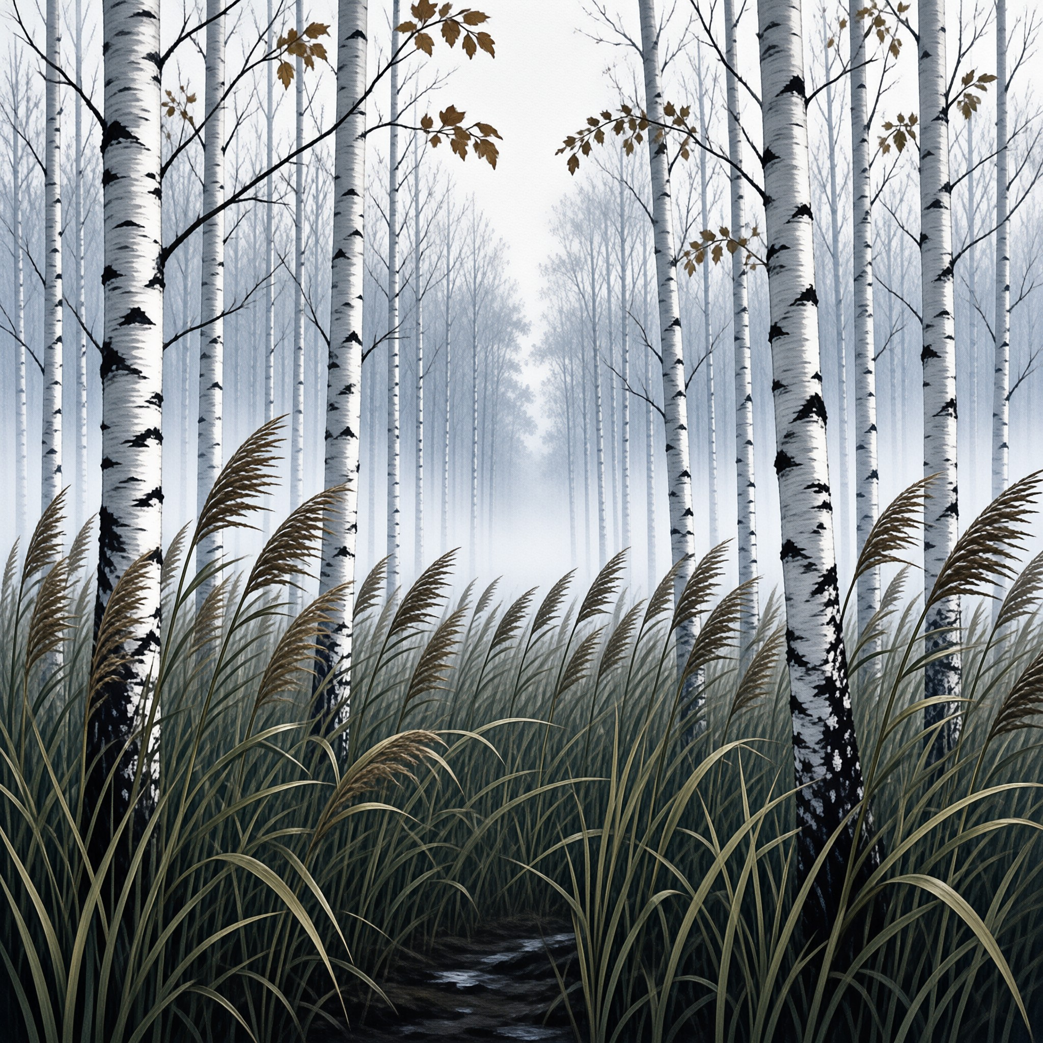 Tall white birch trunks stand in a foggy forest with golden reeds curving over a wet path in cool blue light