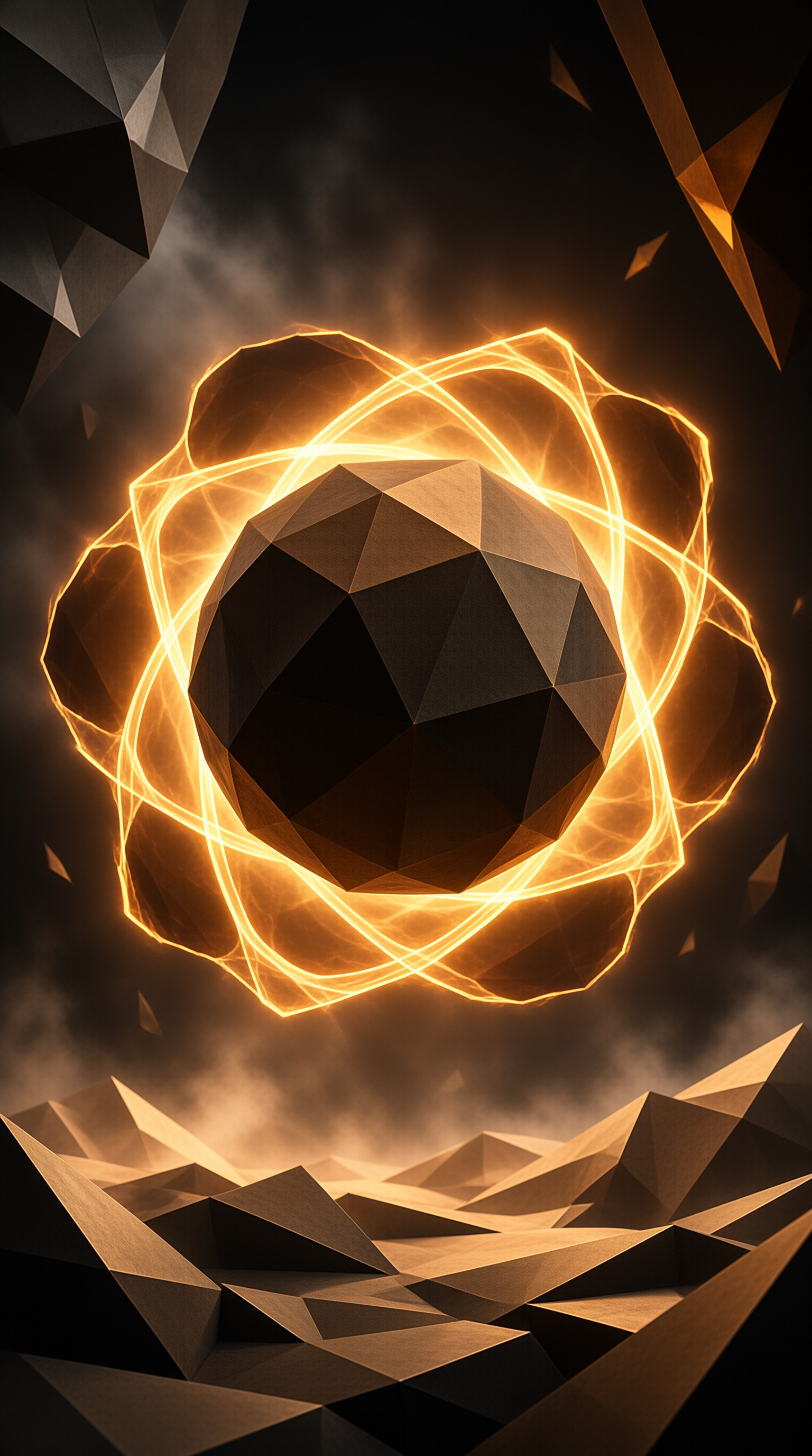 A dark low polygon sphere floats centrally while bright yellow energy rings orbit around it illuminating jagged rock formations below.