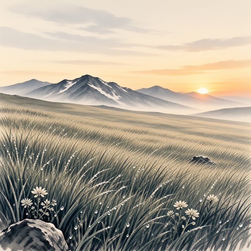 Tall grass blades holding morning dew stretch across a rolling field toward snowy mountains beneath a warm sunrise sky.