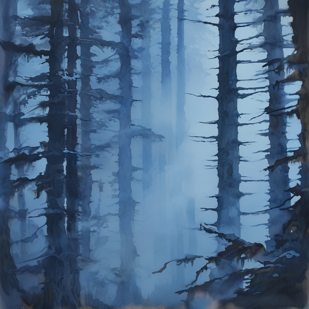 A misty forest scene with tall dark tree trunks standing against a hazy blue background under soft diffused lighting.