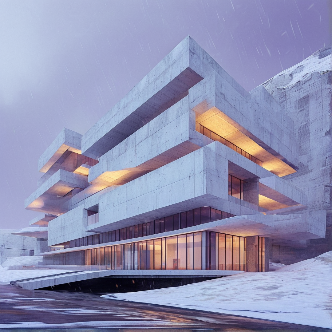 A brutalist concrete building with warm interior lights stands amidst falling snow against a purple twilight sky.