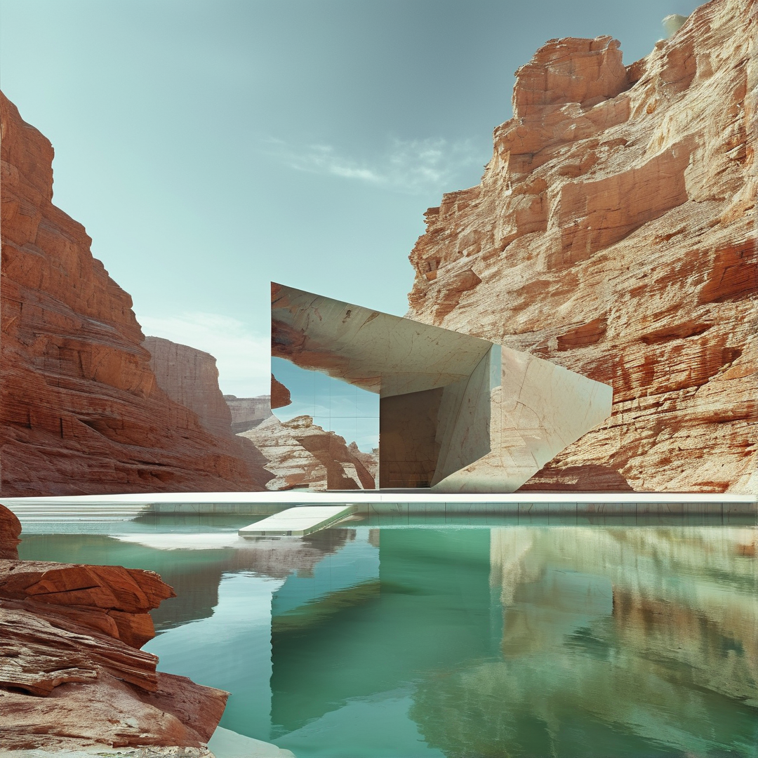 Angular concrete architecture stands in a red rock canyon reflecting into a calm turquoise pool of water.