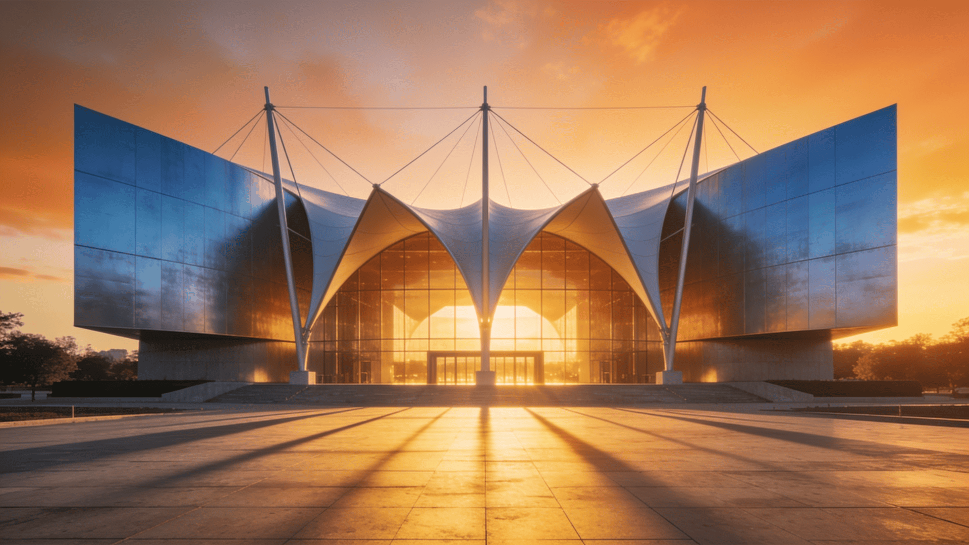 Museum with Tensile Structure — Golden Sunset