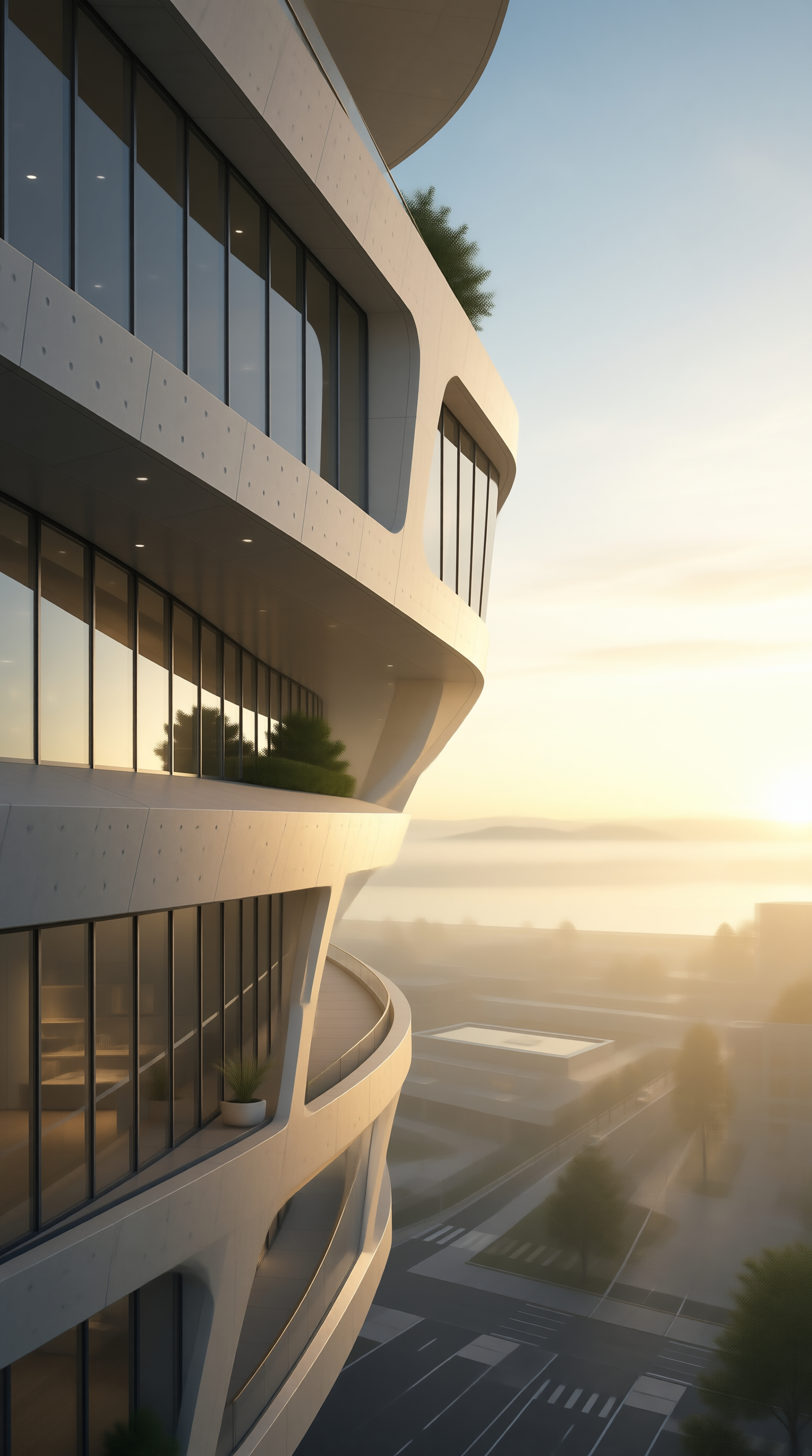 Modern Curved Building at Sunrise