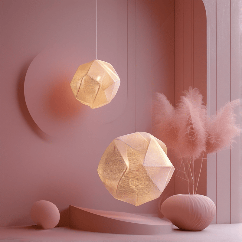 Two geometric pendant lights hang above a curved platform in a dusty rose interior with pampas grass.