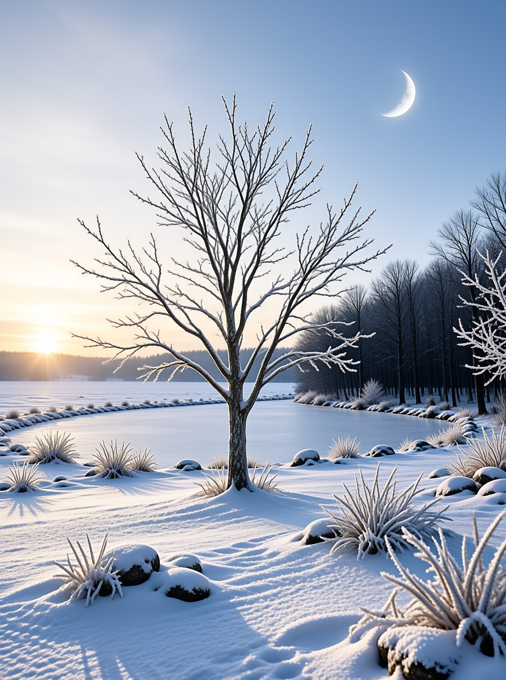 Crescent Moon Over Winter Lake