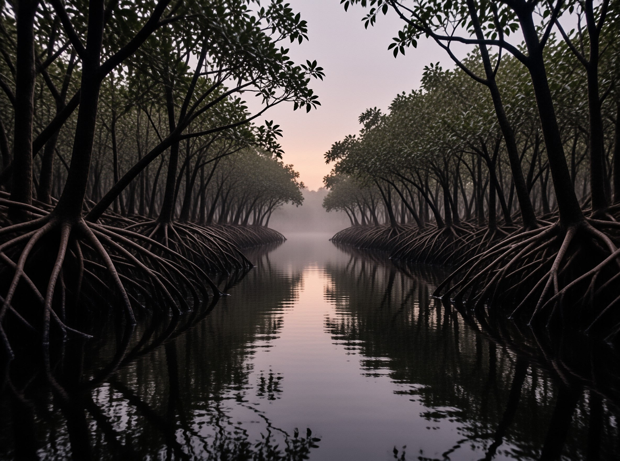 Dense mangrove forests line both sides of a calm misty waterway reflecting the soft warm light of dawn in the distance.