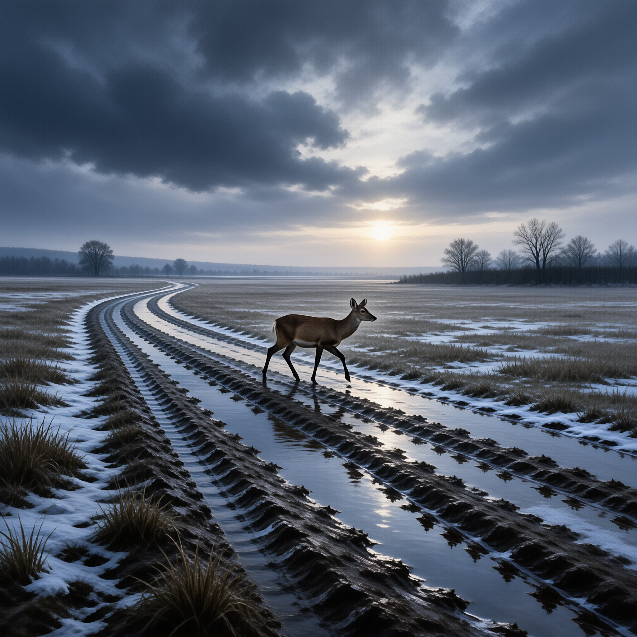 A lone deer steps across a wet muddy rut in a snowy field as the sun rises behind dark clouds.