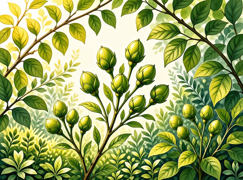 An illustration of unopened green buds on branches surrounded by vibrant yellow and green foliage in bright daylight.