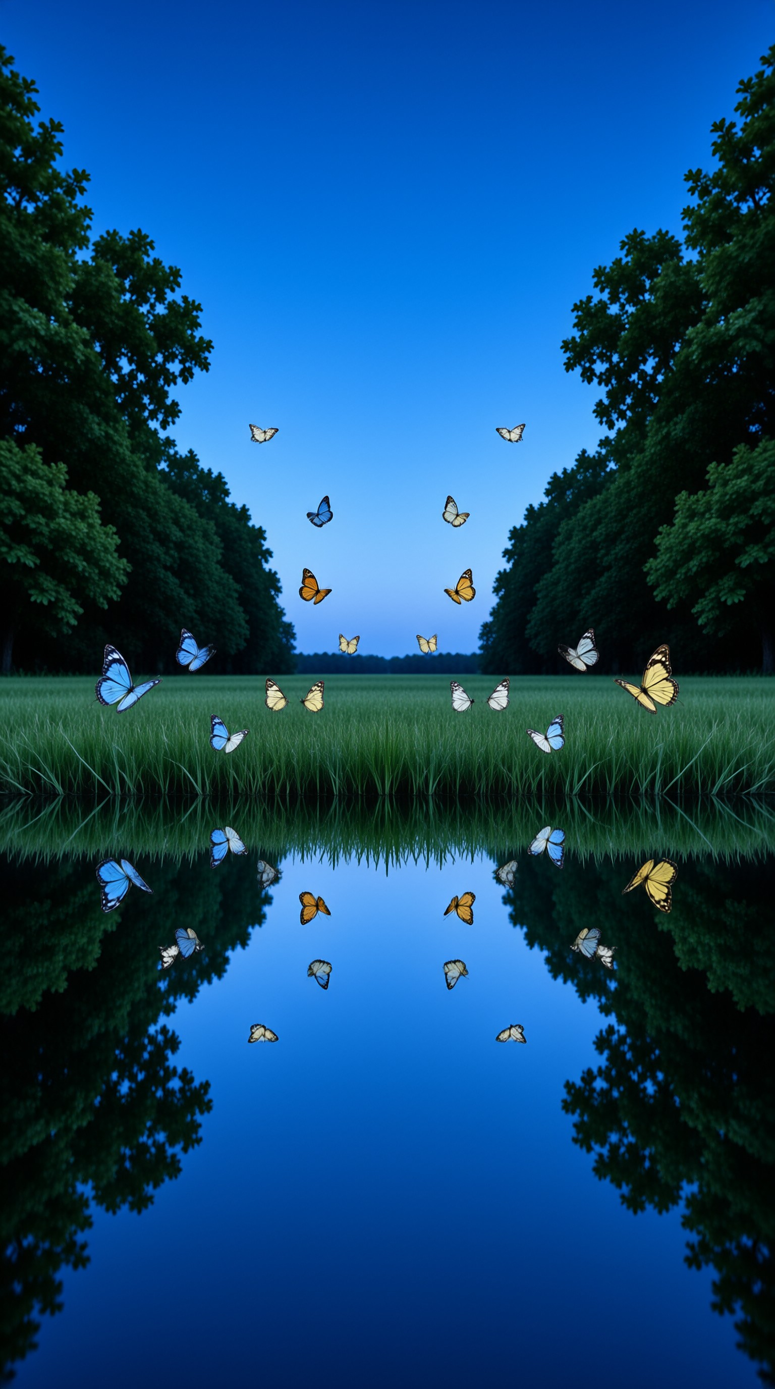 Colourful butterflies drift above a green meadow framed by tall trees, their shapes mirrored in a glassy pool below.