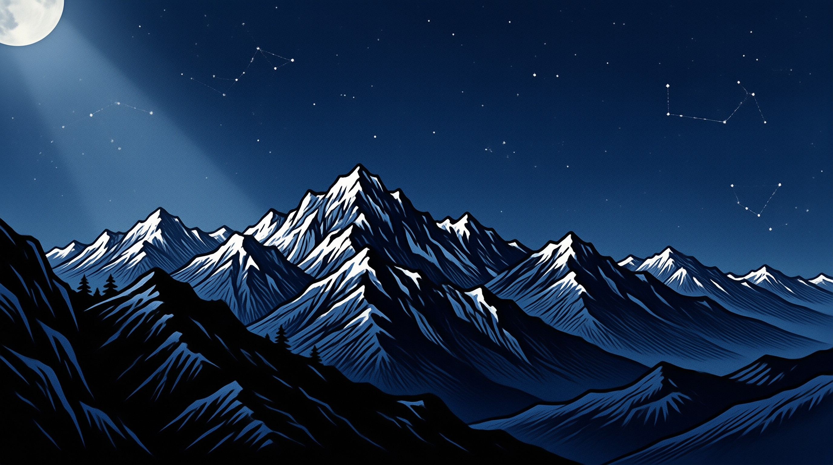 Illustration of blue jagged peaks with snow caps beneath a dark sky featuring a bright moon and constellations.
