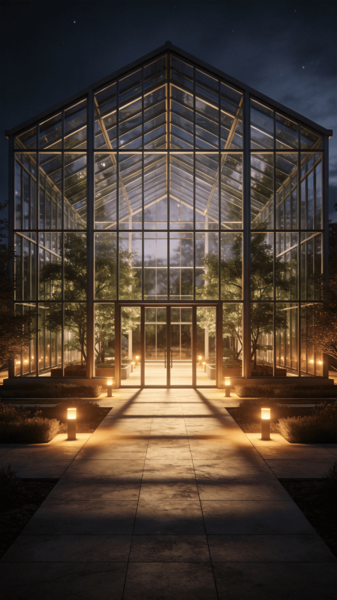 Greenhouse with Glass Curtain Wall — Night With Warm Lights