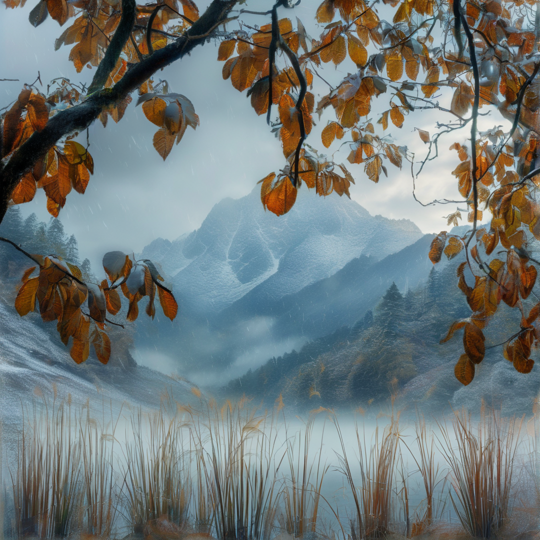 Orange autumn leaves frame a view of foggy mountains with snow on the peaks and tall grass in the foreground.