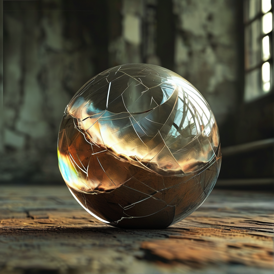 A shattered metallic sphere reflecting warm light sits upon a rough wooden surface.
