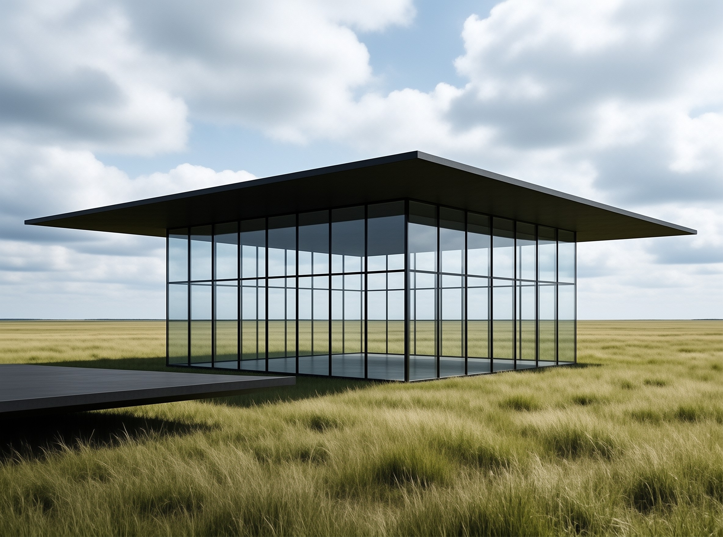 A rectangular glass structure with a dark overhanging roof stands in a vast grassy field under a cloudy sky.
