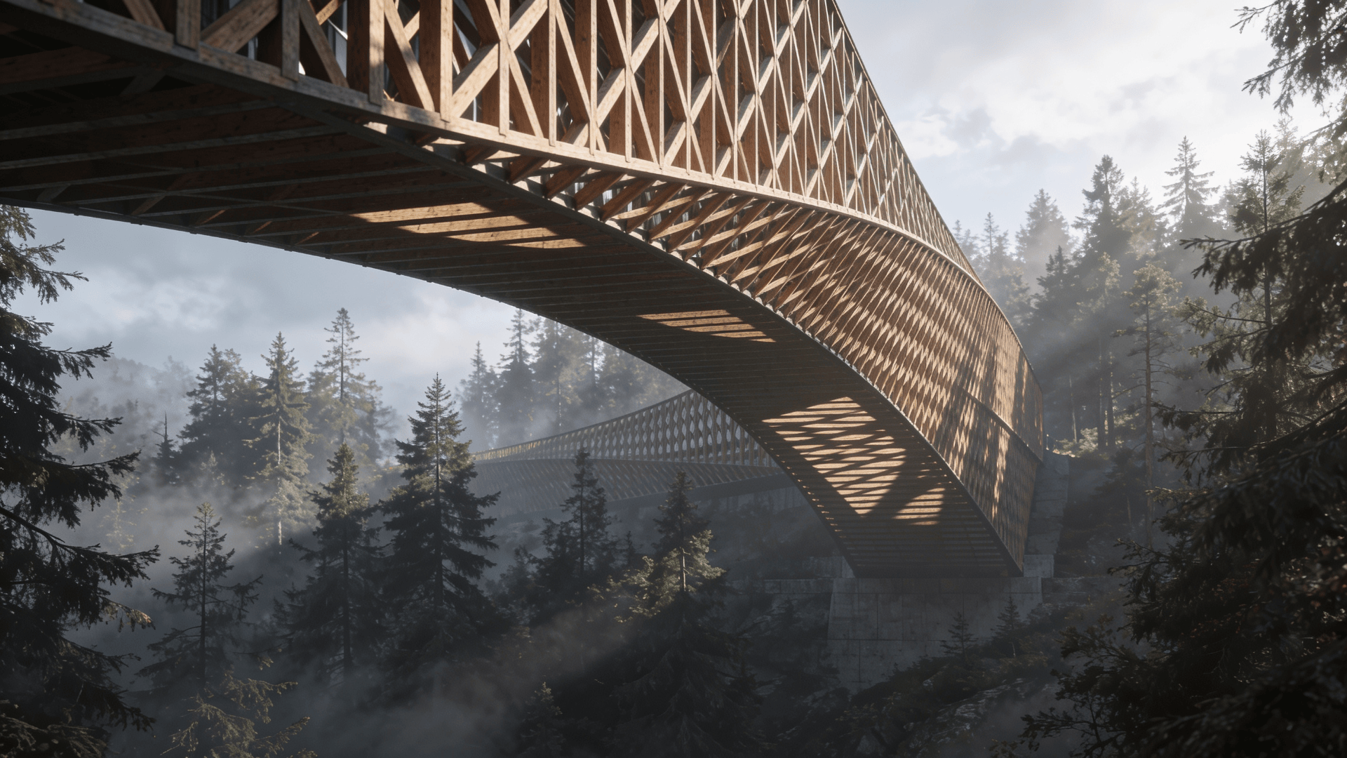Bridge with Wooden Lattice — Misty Forest