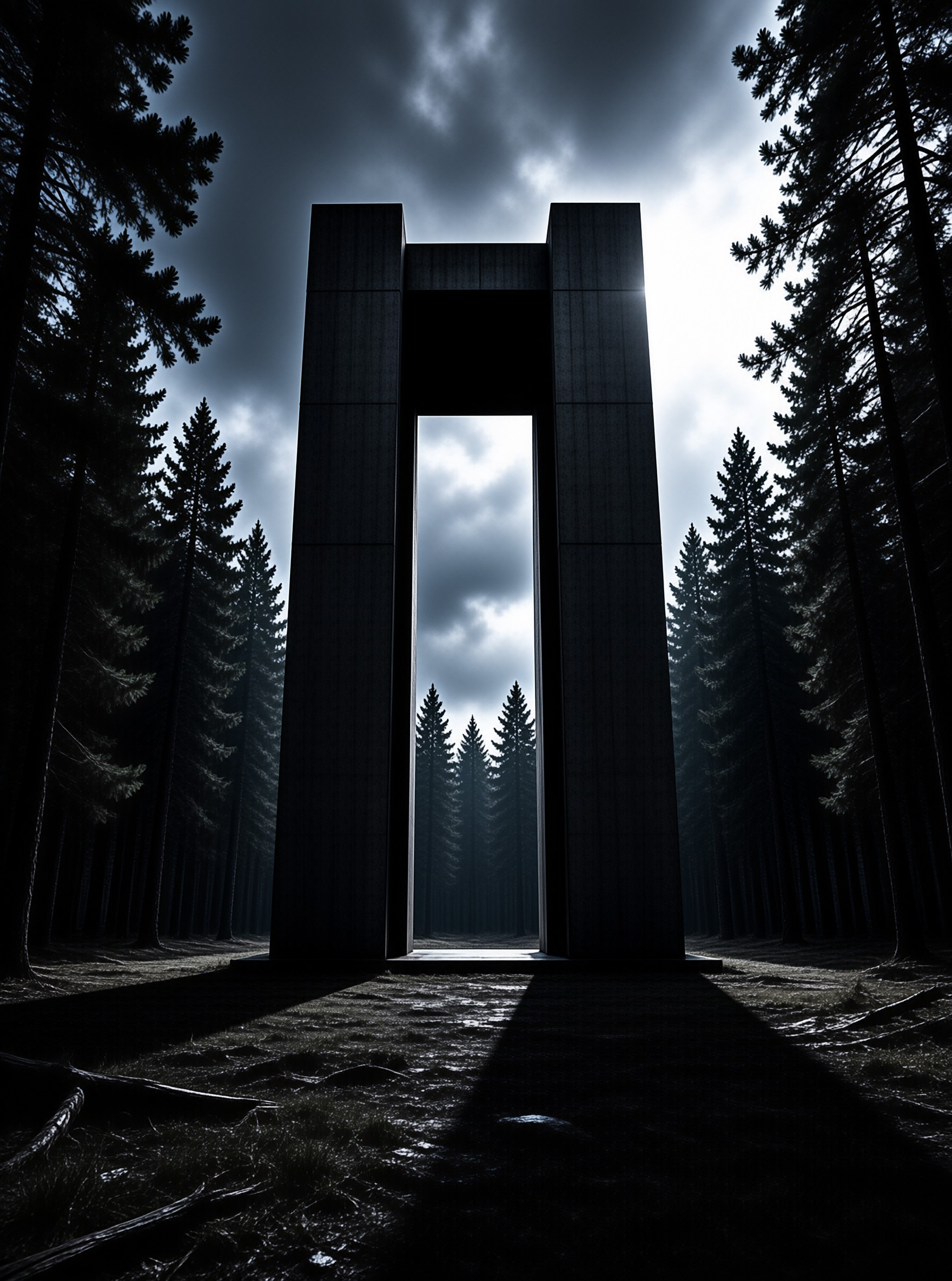 A large dark stone structure stands in a pine forest under a cloudy sky with light visible through the central opening.