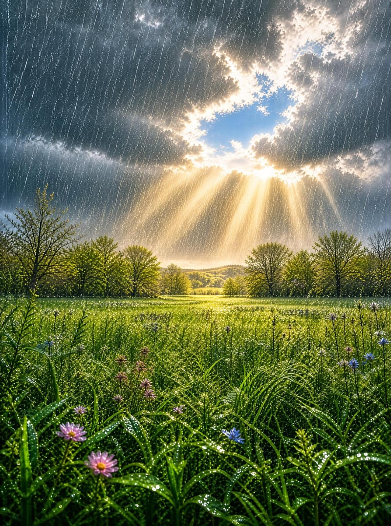 Rainy Meadow with God Rays