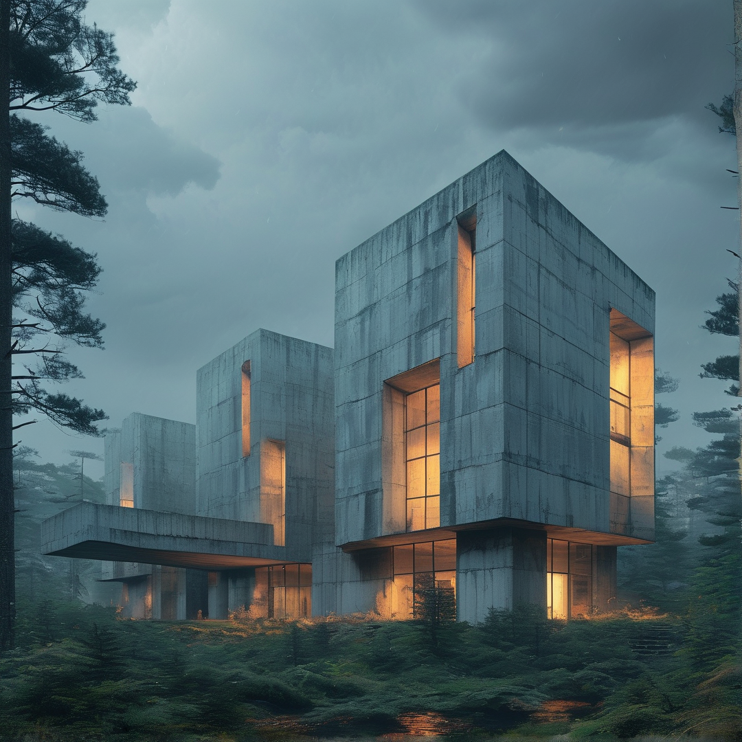 Brutalist House in Misty Forest