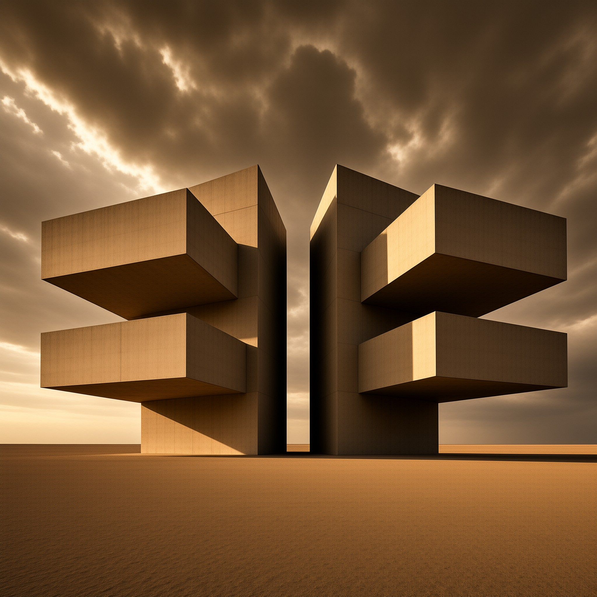 Massive geometric concrete forms stand on flat ground beneath a dramatic sky filled with glowing clouds and directional sunlight.