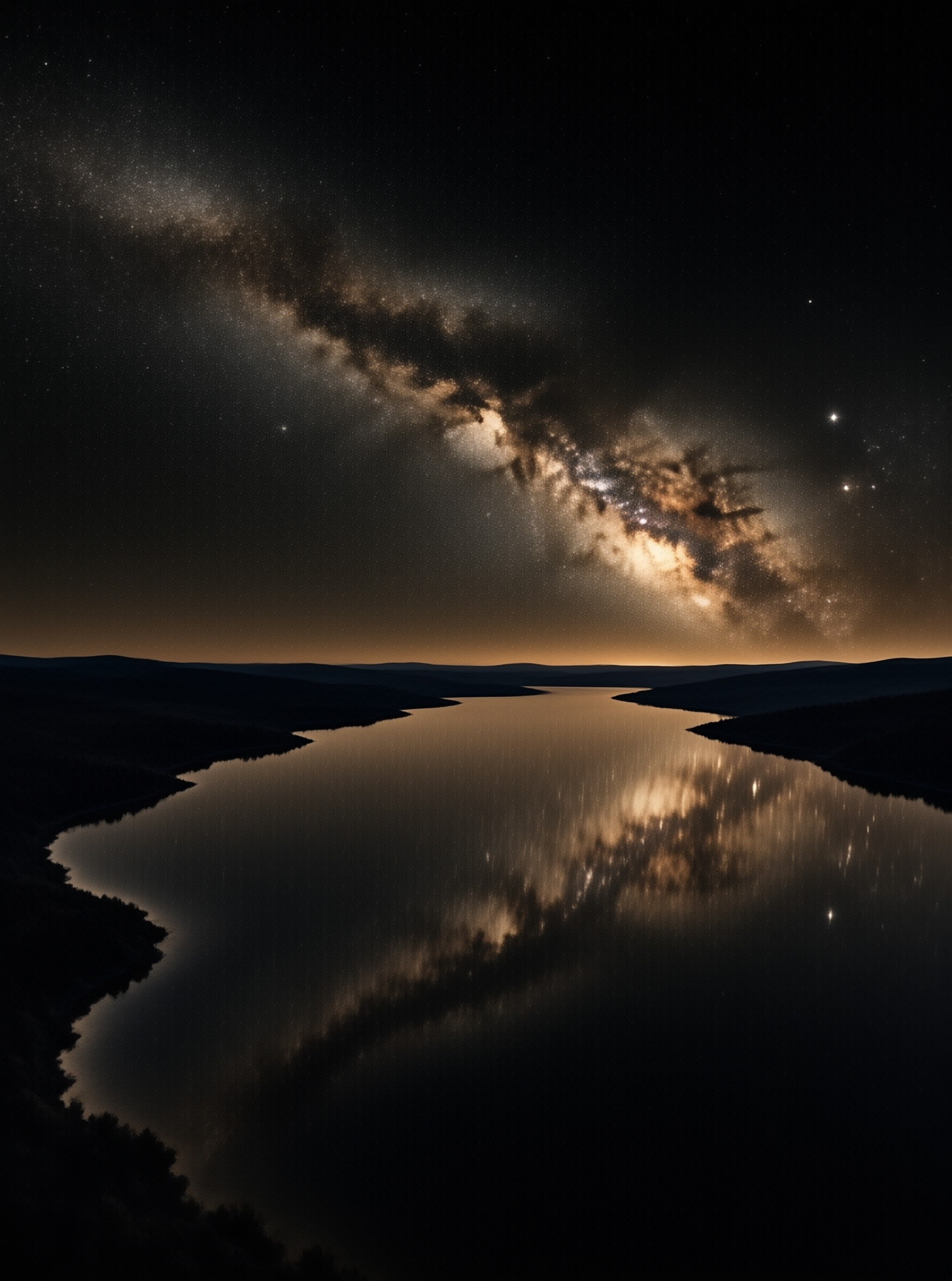 The dense star cloud of our galaxy stretches across a night sky and doubles itself in a glassy mountain reservoir.
