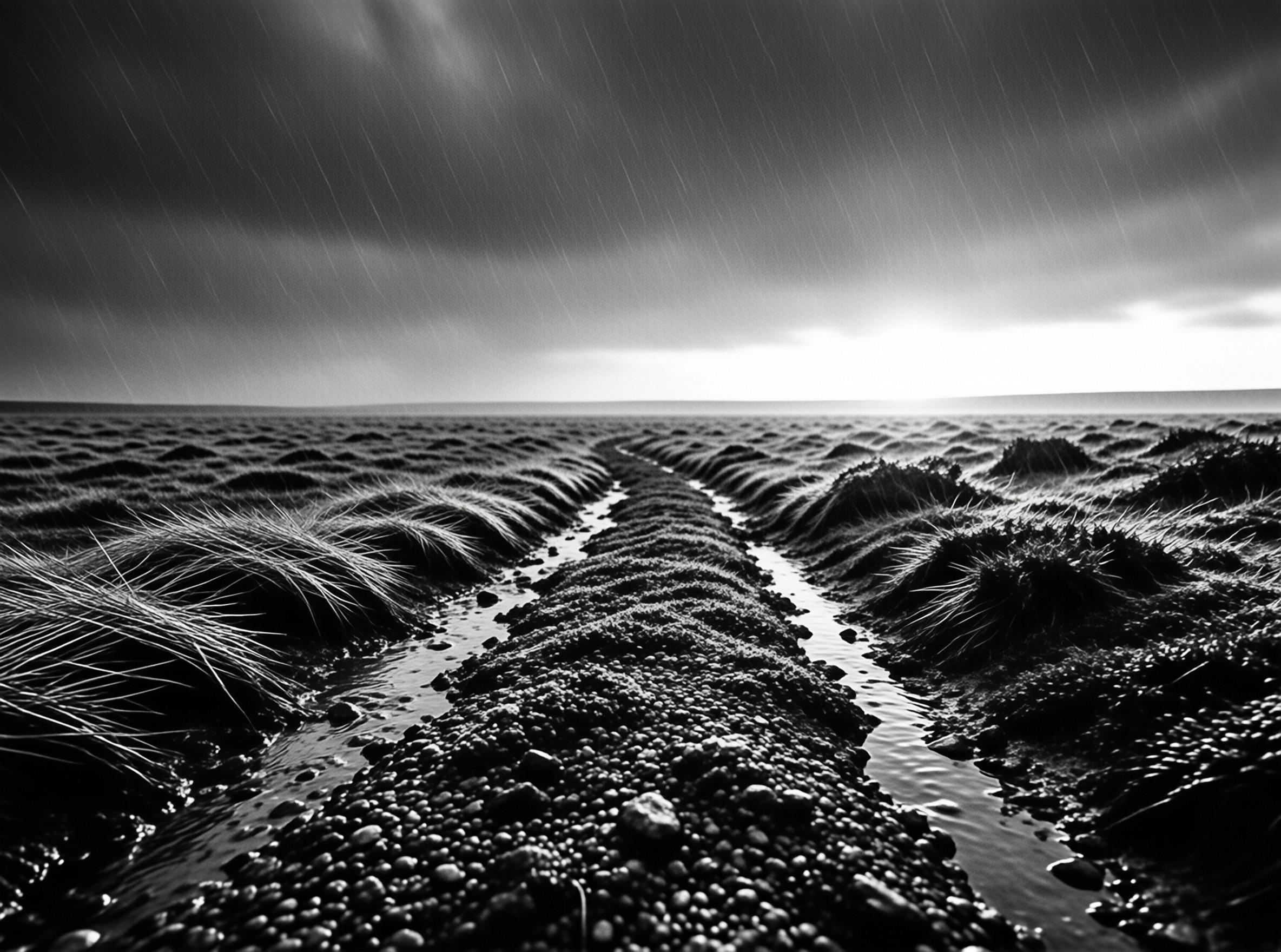 A wet gravel track winds through a grassy field under a heavy rainy sky leading to the bright horizon.