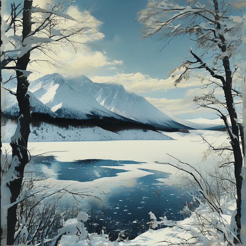 A bright winter scene features a massive snow capped mountain rising above a frozen lake bordered by leafless trees.
