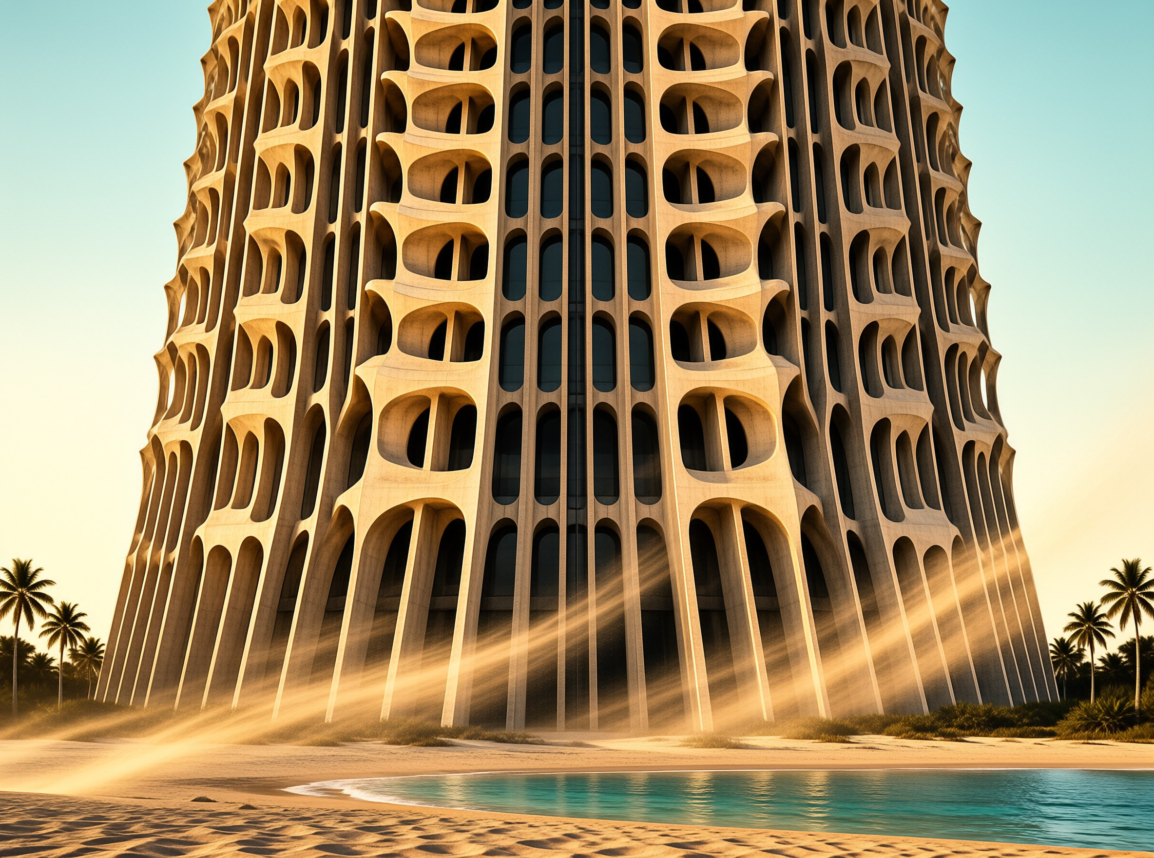 Futuristic Beach Tower at Dusk