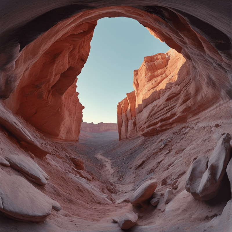 A view from inside a rock arch looking out onto a sunlit desert canyon with reddish cliffs and scattered stones.