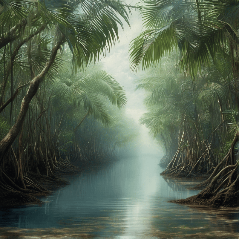A calm river flows through a dense forest of tall palm trees with thick roots visible near the water in soft light.
