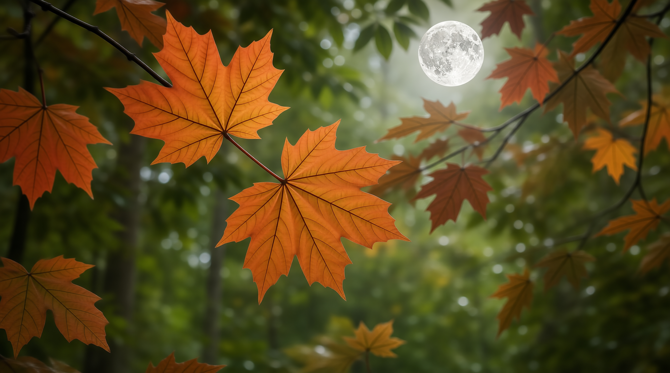 Autumn Maple Leaves and Full Moon