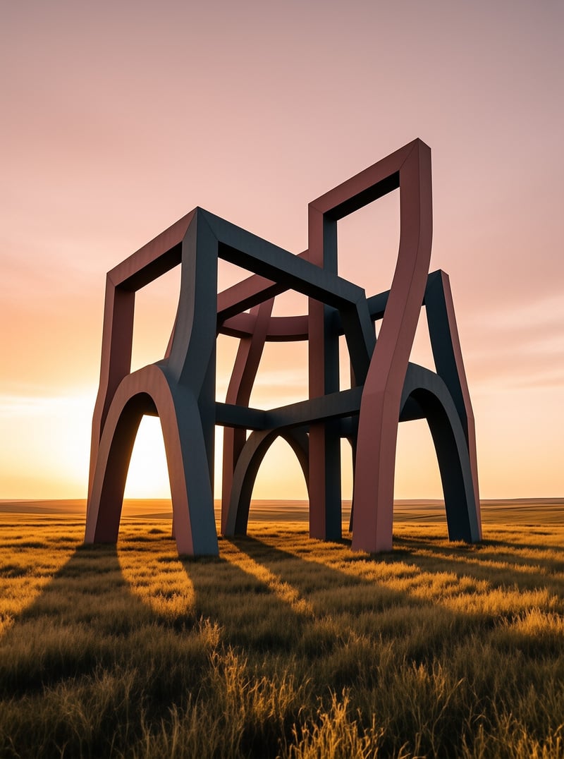 A large geometric metal sculpture with curved beams and rectangular frames sits in a golden grass field under a sunset sky.