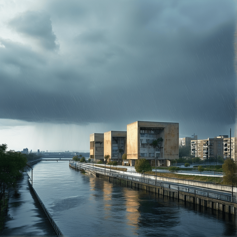 Massive concrete blocks line a riverbank during a heavy storm with dark clouds reflecting in the water.