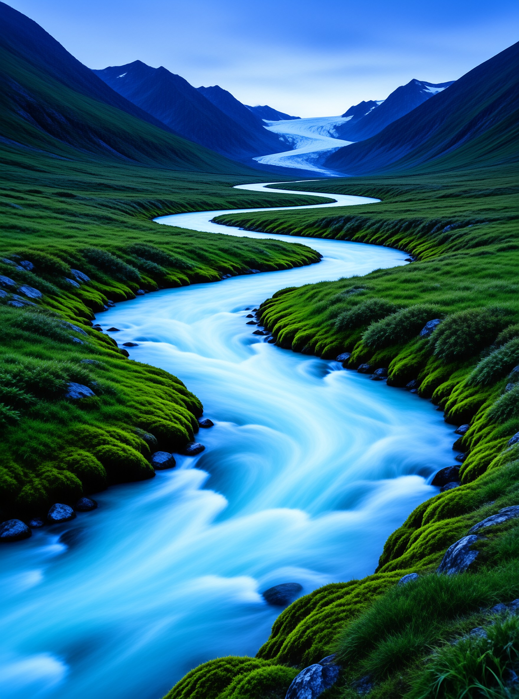A smooth blue river curves through lush green banks under twilight skies near a snow-covered mountain peak.