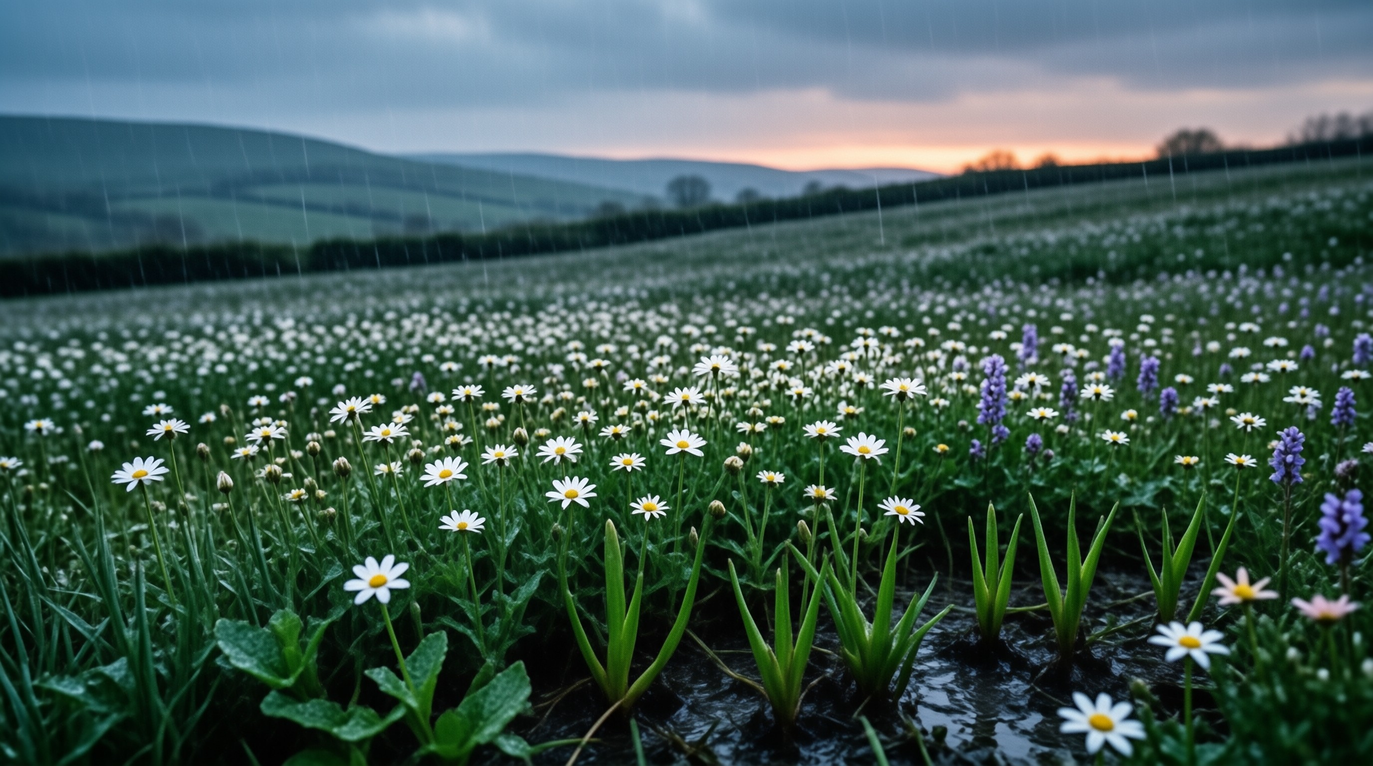 Rainy Daisy Field at Dusk